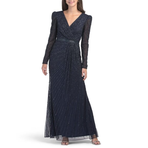 MAC DUGGAL midnight Long Sleeve Beaded Gown